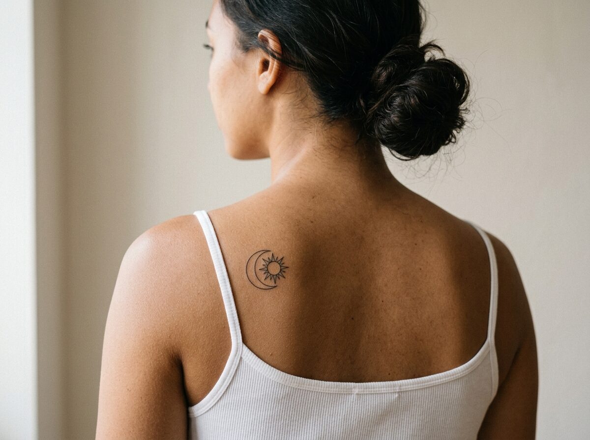 Small sun and moon symbol tattoo on the back of the shoulder