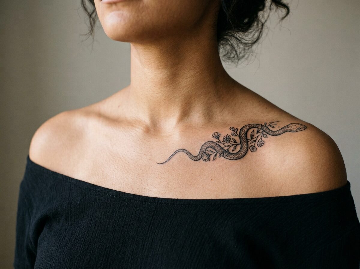 Snake tattoo wrapping along the collarbone