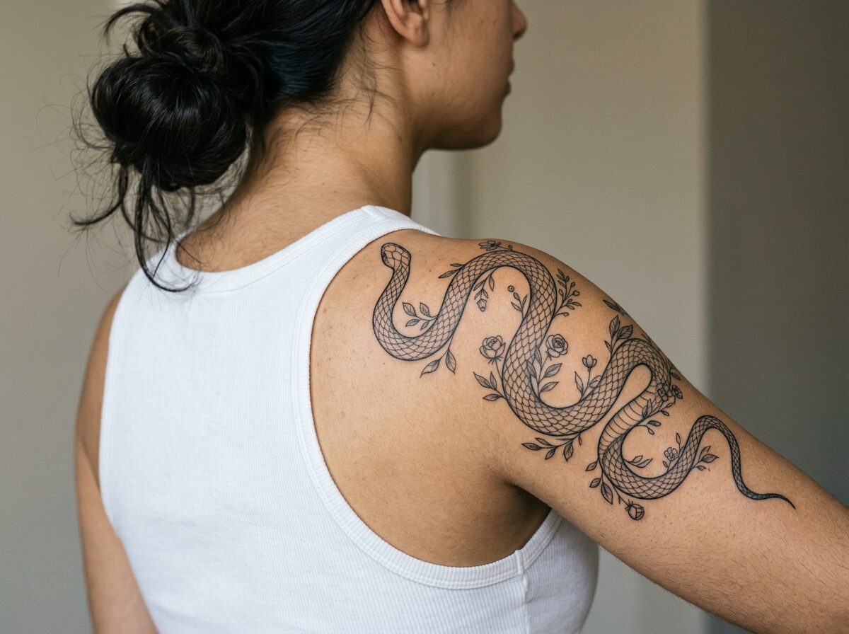 Snake and flower tattoo wrapping around the shoulder