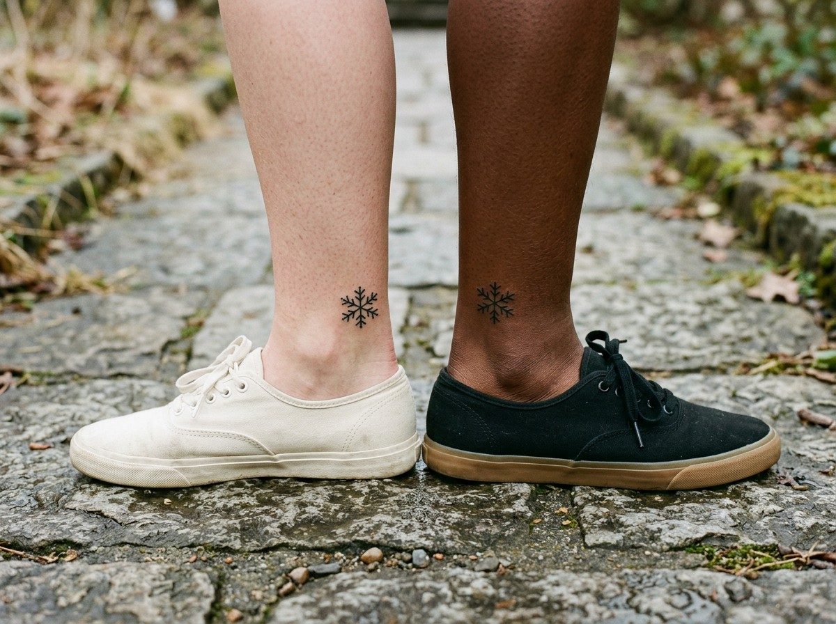 Snowflake tattoo: matching snowflake tattoos on the ankle