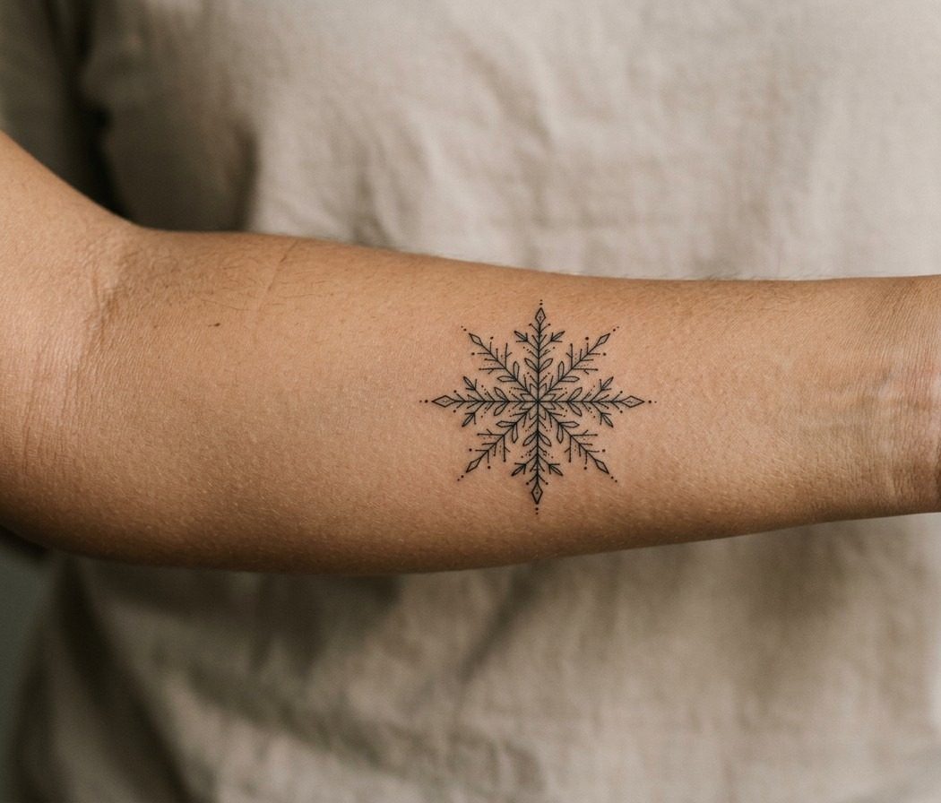 Snowflake tattoo: fine line detailed snowflake on the inner forearm