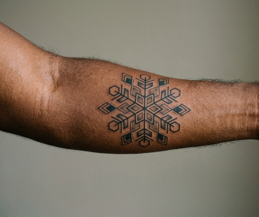 Snowflake tattoo: geometric snowflake on the outer forearm