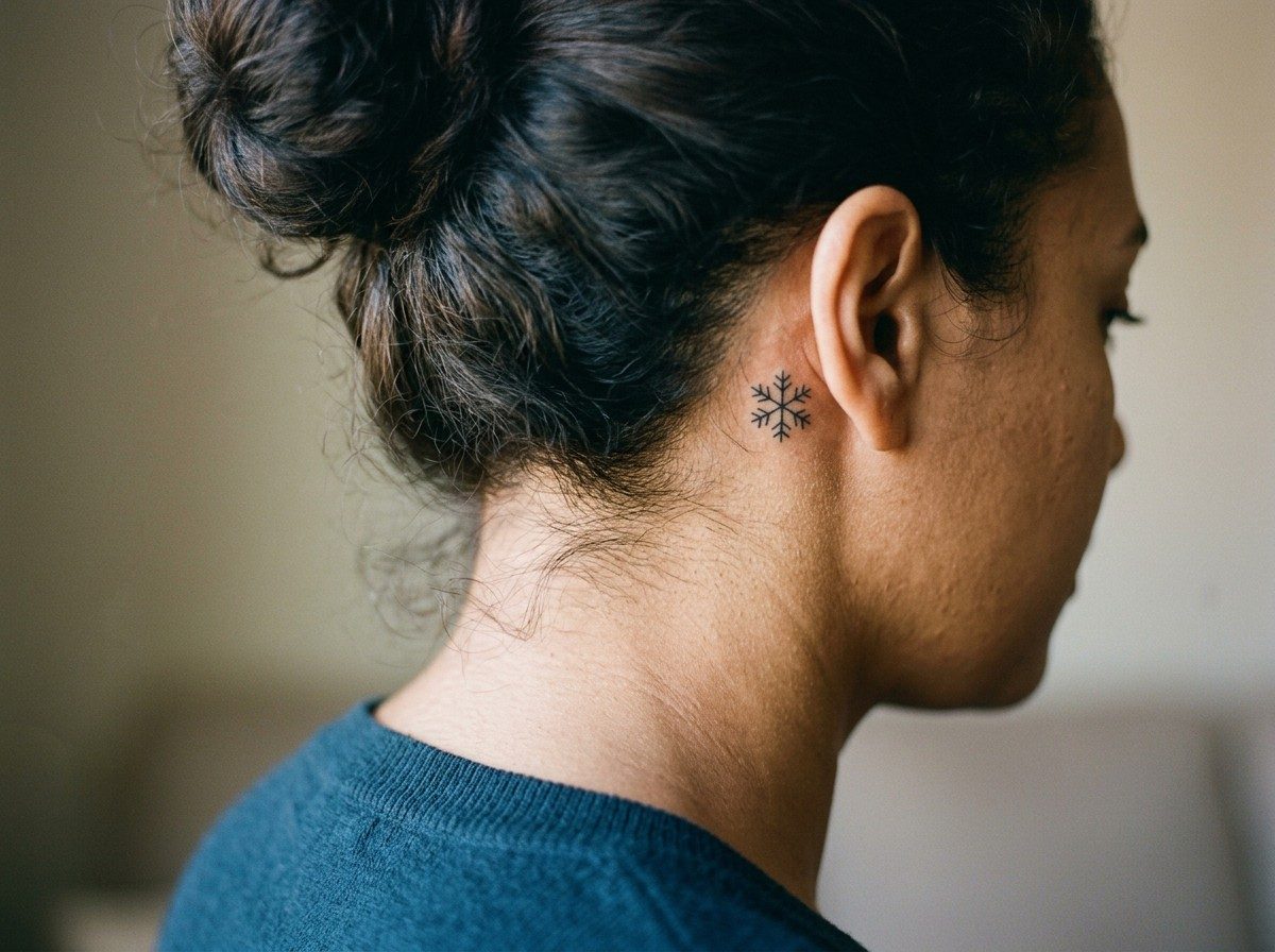 Snowflake tattoo: tiny snowflake behind the ear
