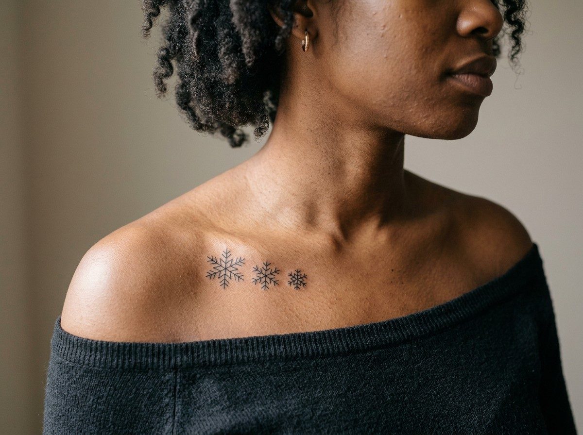 Snowflake tattoo: three small snowflakes on the collarbone