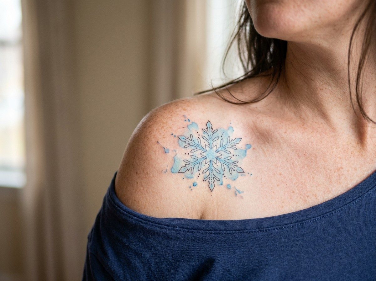 Snowflake tattoo: watercolor blue snowflake on the shoulder