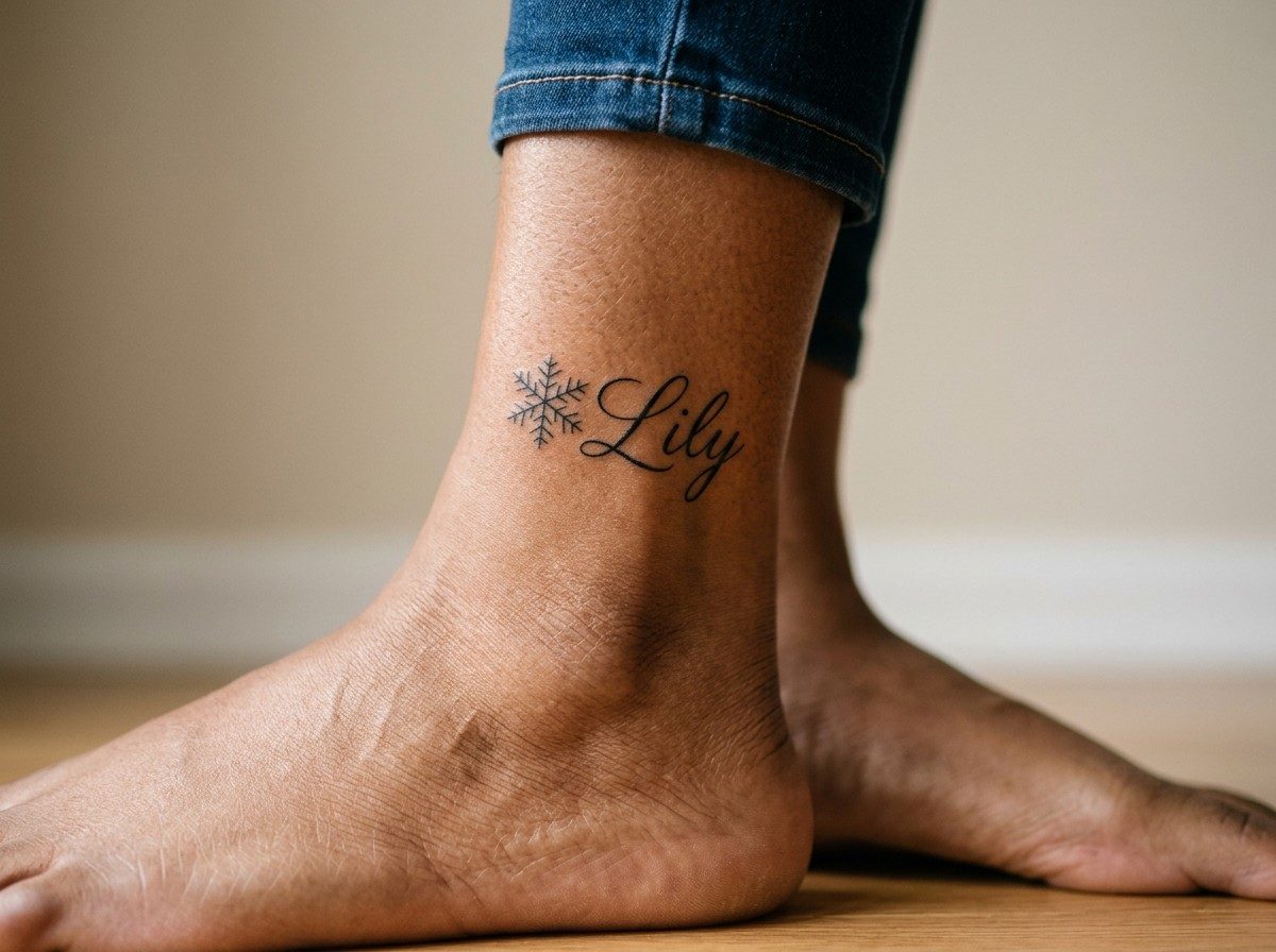 Snowflake tattoo: snowflake with name on the ankle