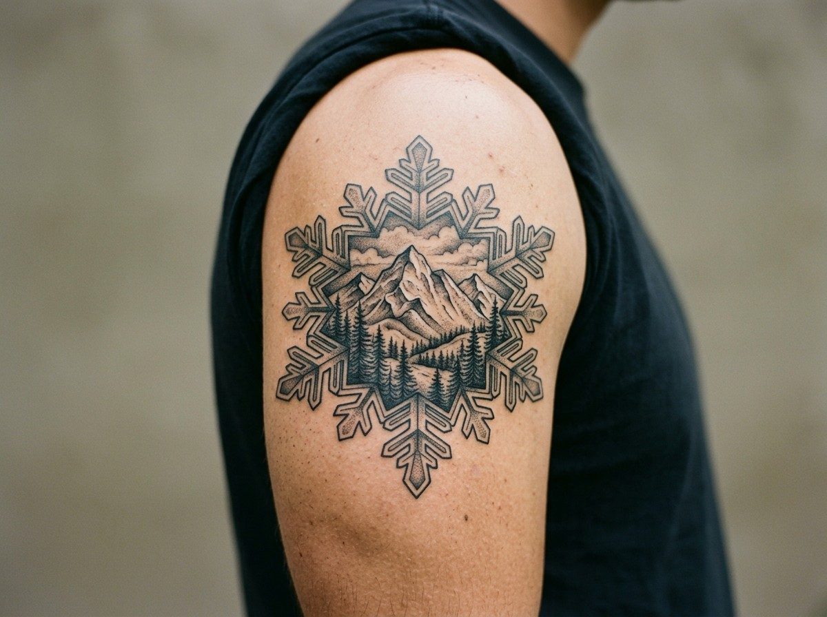 Snowflake tattoo: snowflake and mountains on the upper arm
