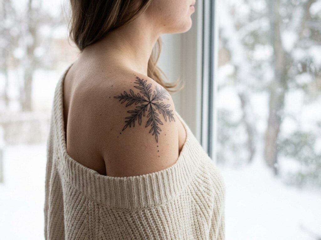 Snowflake tattoo: three fine line snowflakes on the collarbone