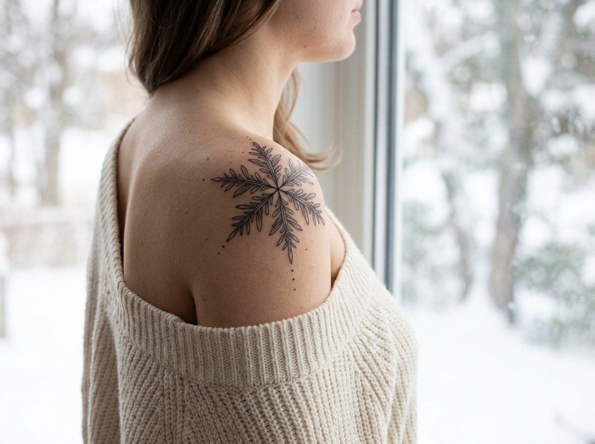 Snowflake tattoo: three fine line snowflakes on the collarbone