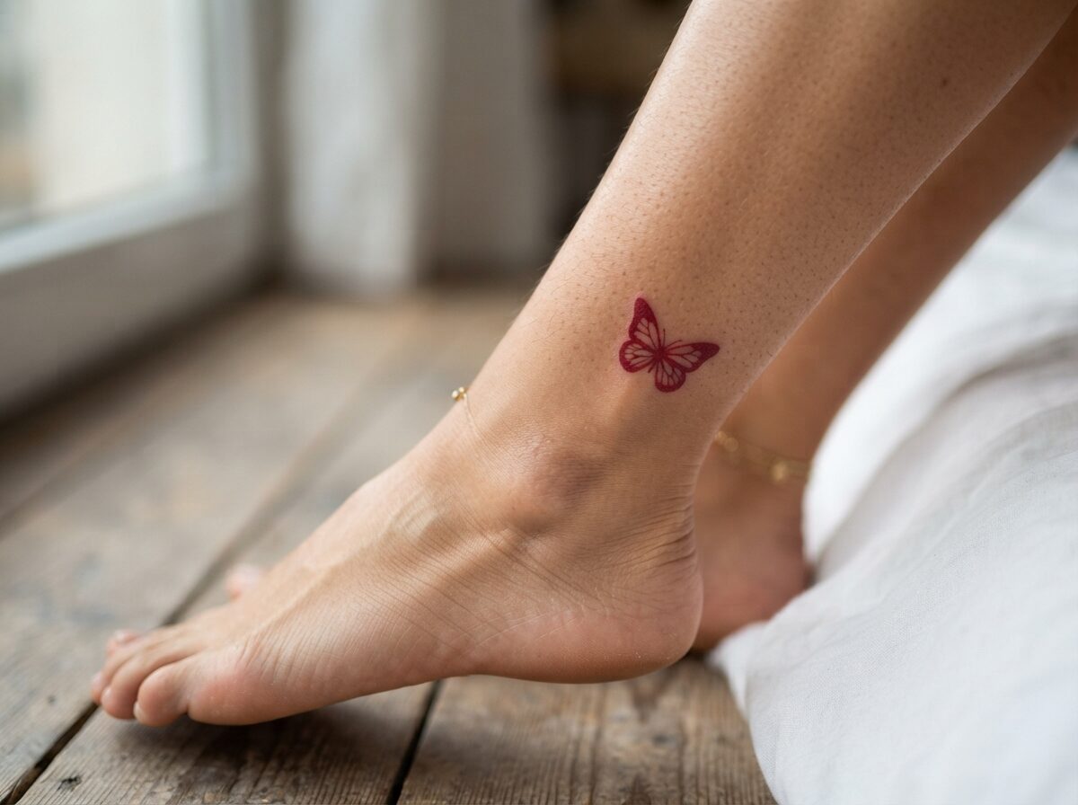 Solid red butterfly silhouette tattoo on the ankle