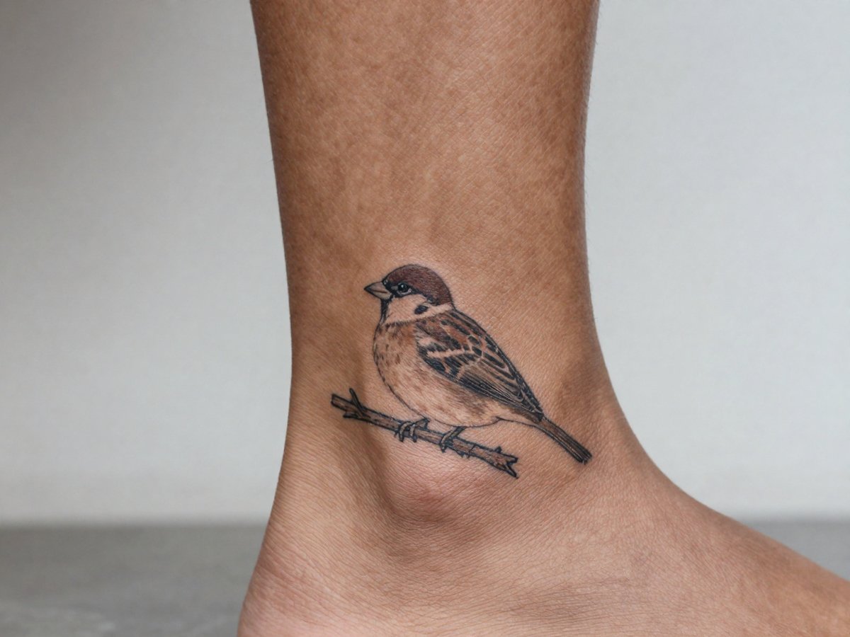 Small sparrow sitting on a branch tattoo on the ankle