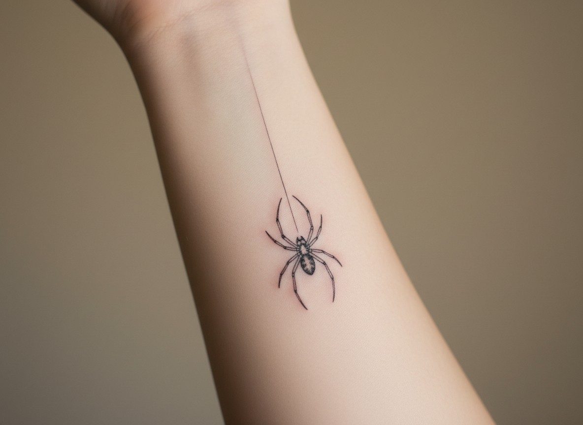 Spider tattoo meaning: fine line hanging spider on the inner forearm