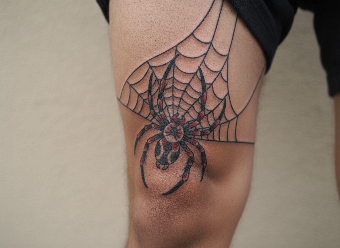Spider tattoo meaning: traditional spider and web on the knee