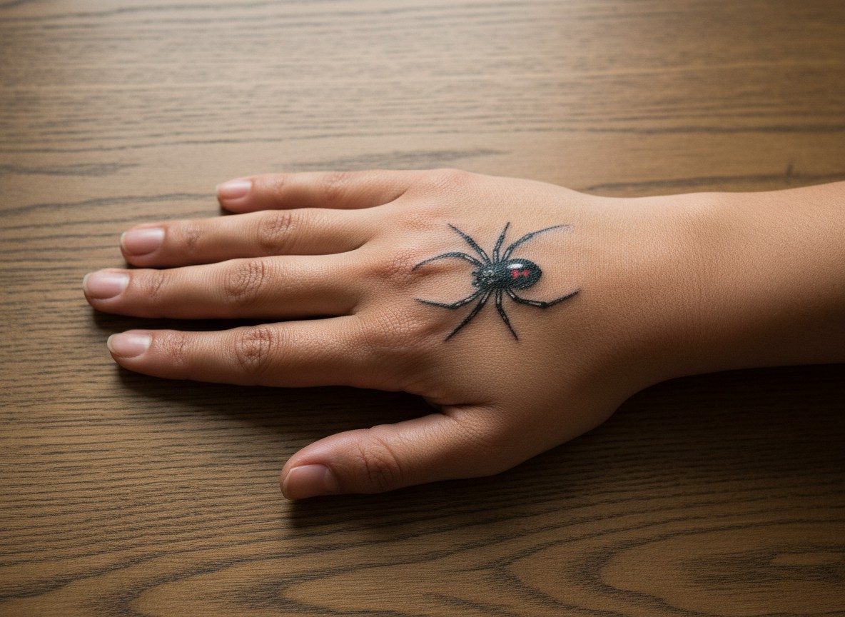 Spider tattoo meaning: black widow on the back of the hand