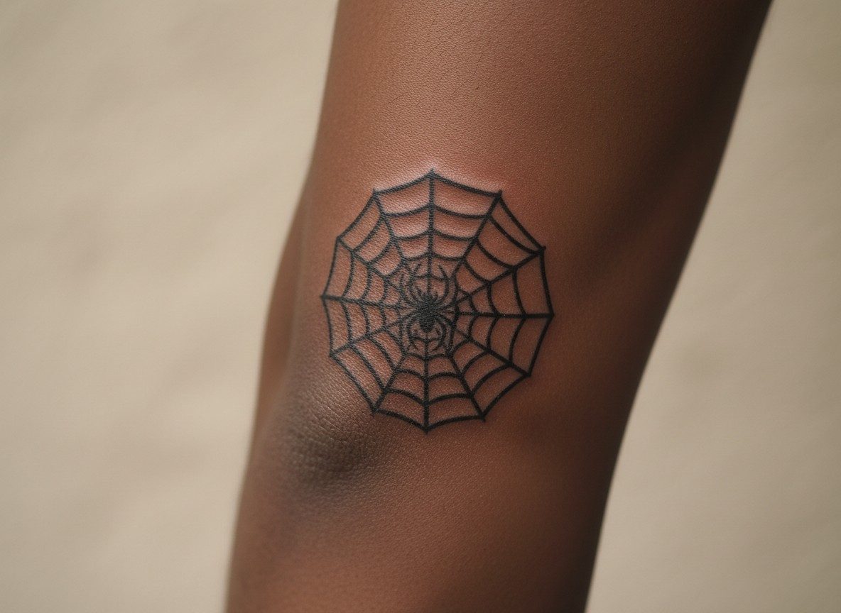 Spider tattoo meaning: spider on a web on the elbow