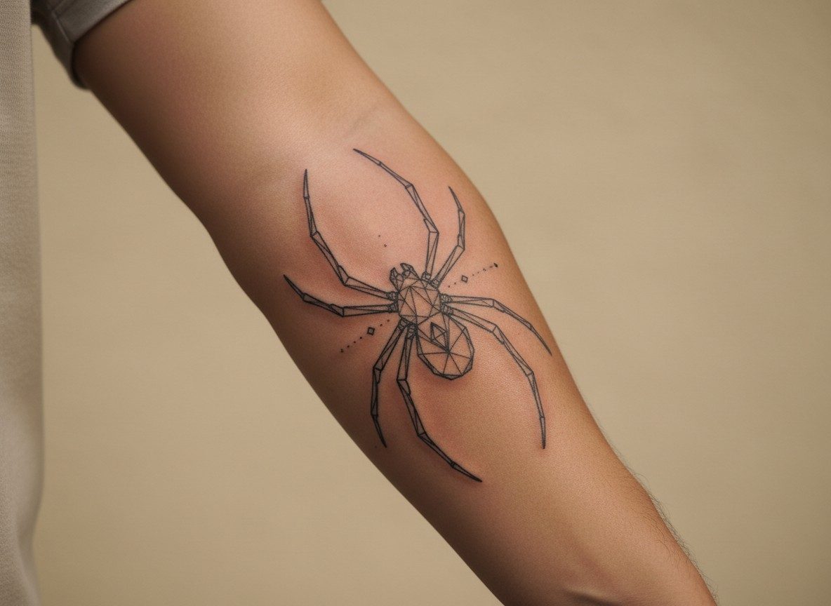 Spider tattoo meaning: geometric spider on the forearm