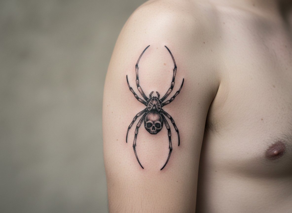 Spider tattoo meaning: gothic skull spider on the upper arm