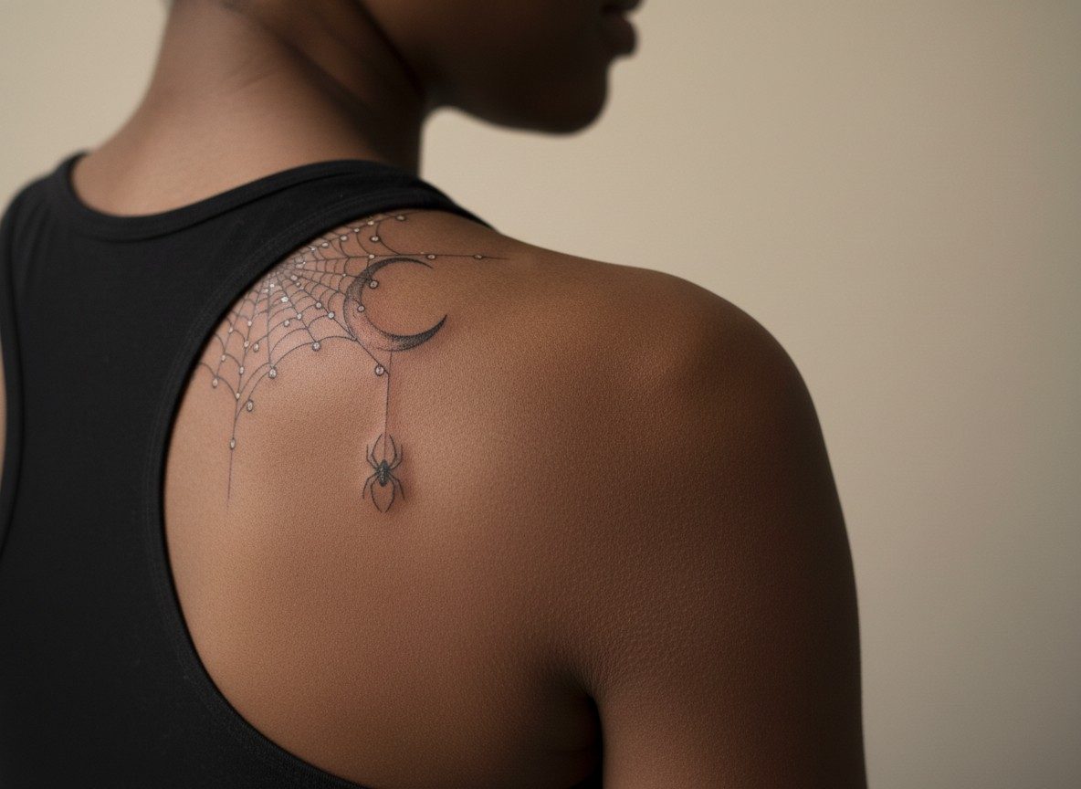 Spider tattoo meaning: spider web and crescent moon on the shoulder blade