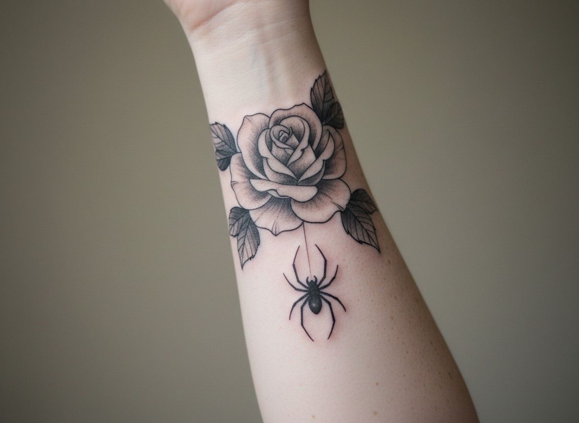 Spider tattoo meaning: spider and rose on the outer forearm