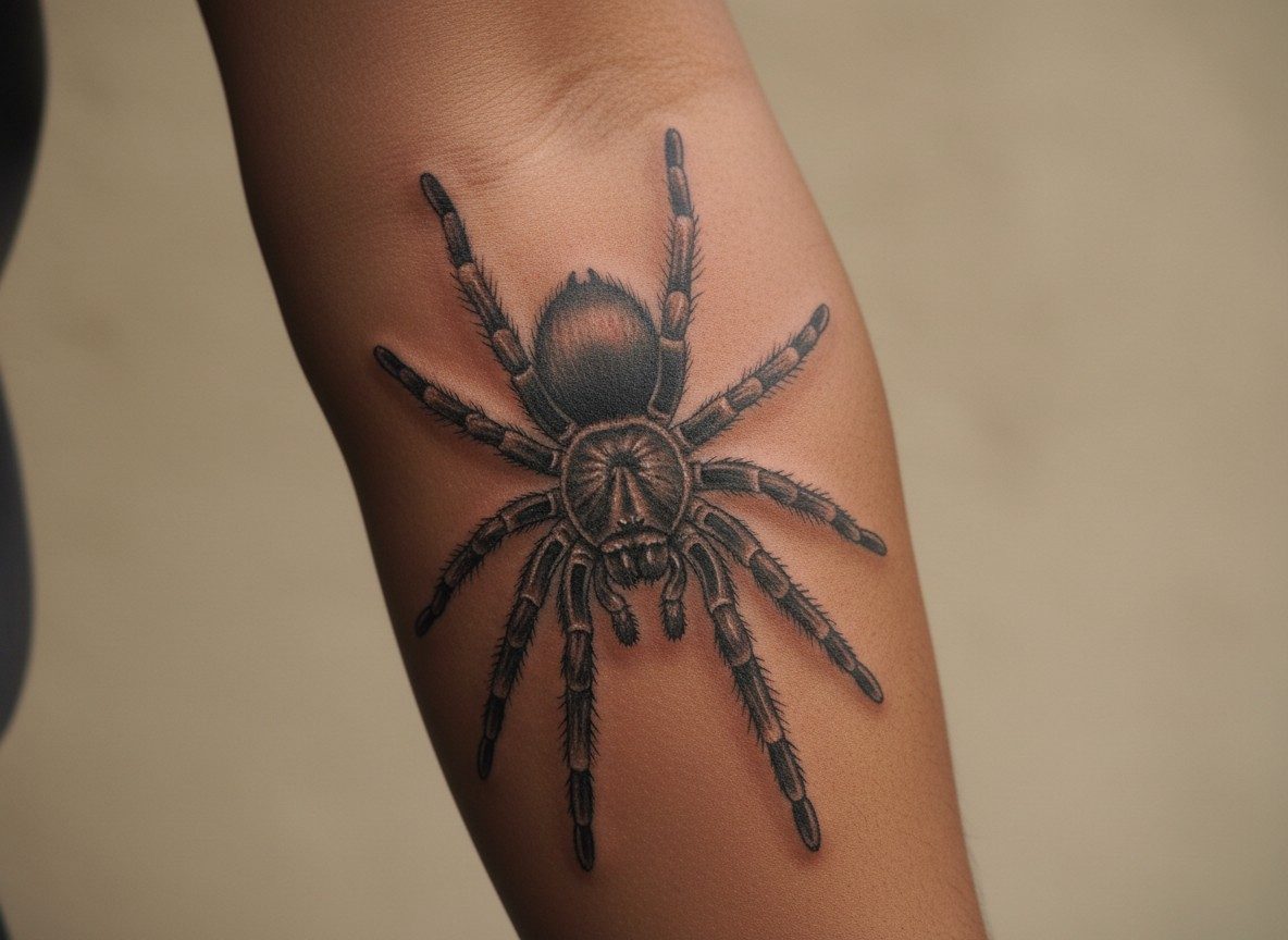 Spider tattoo meaning: realistic tarantula on the forearm
