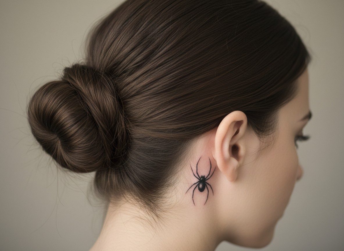 Spider tattoo meaning: tiny spider behind the ear on the skin behind the ear