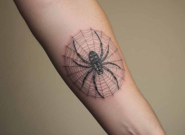 Spider tattoo meaning: black and grey spider on a web on the forearm