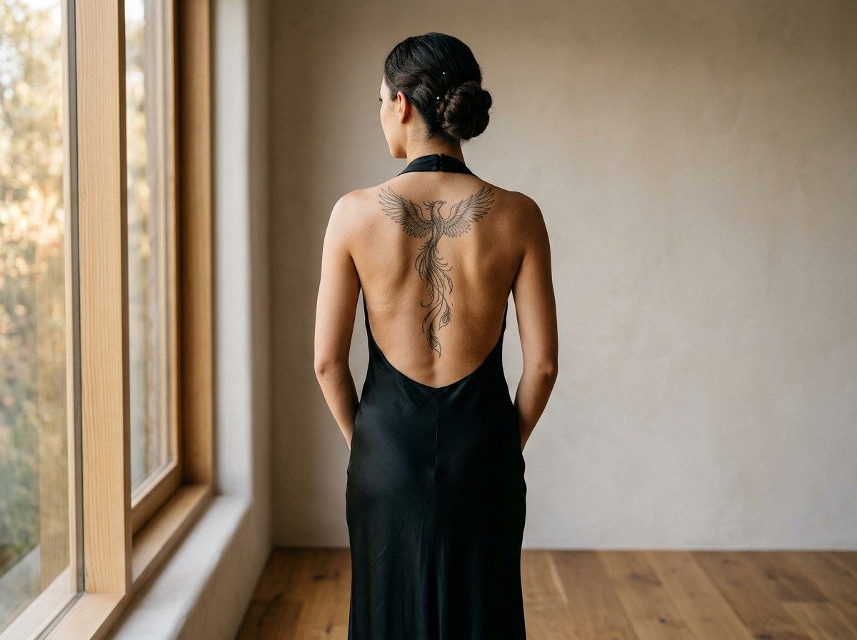 Spine tattoos for women: phoenix rising up the spine on the spine