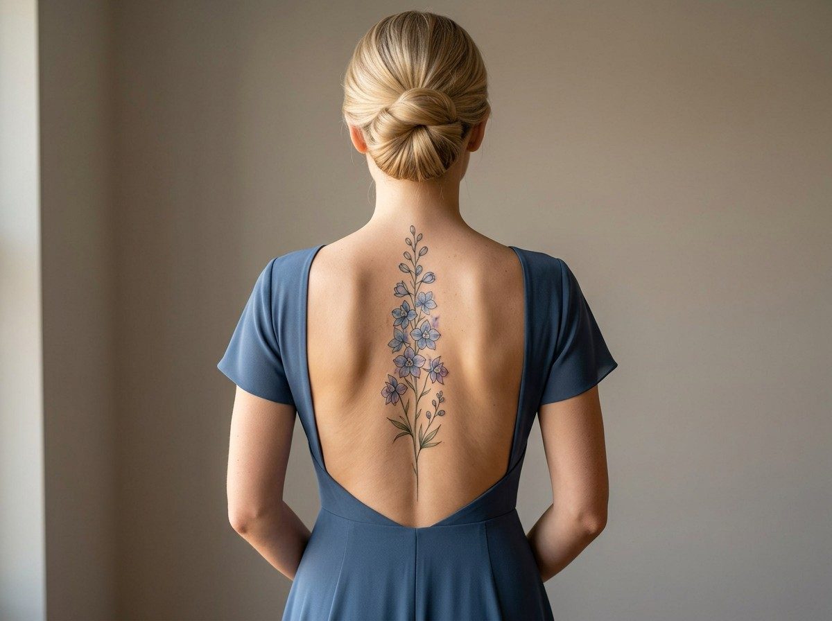 Spine tattoos for women: birth flower stem on the spine