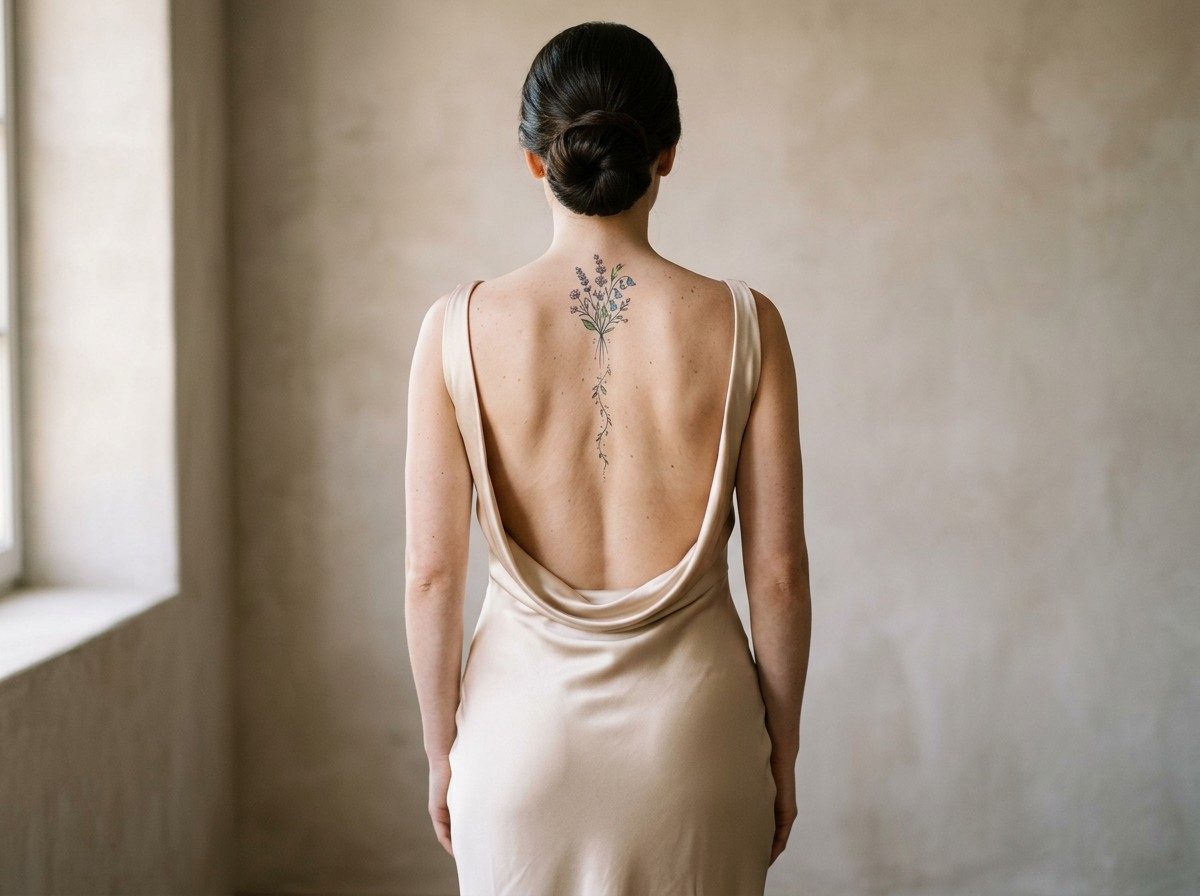 Spine tattoos for women: wildflower bouquet at the nape on the spine