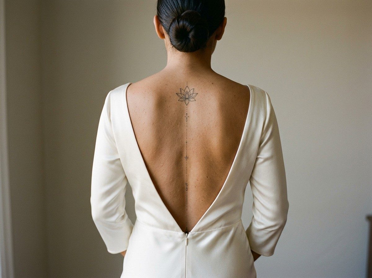 Spine tattoos for women: lotus and dotted line on the spine