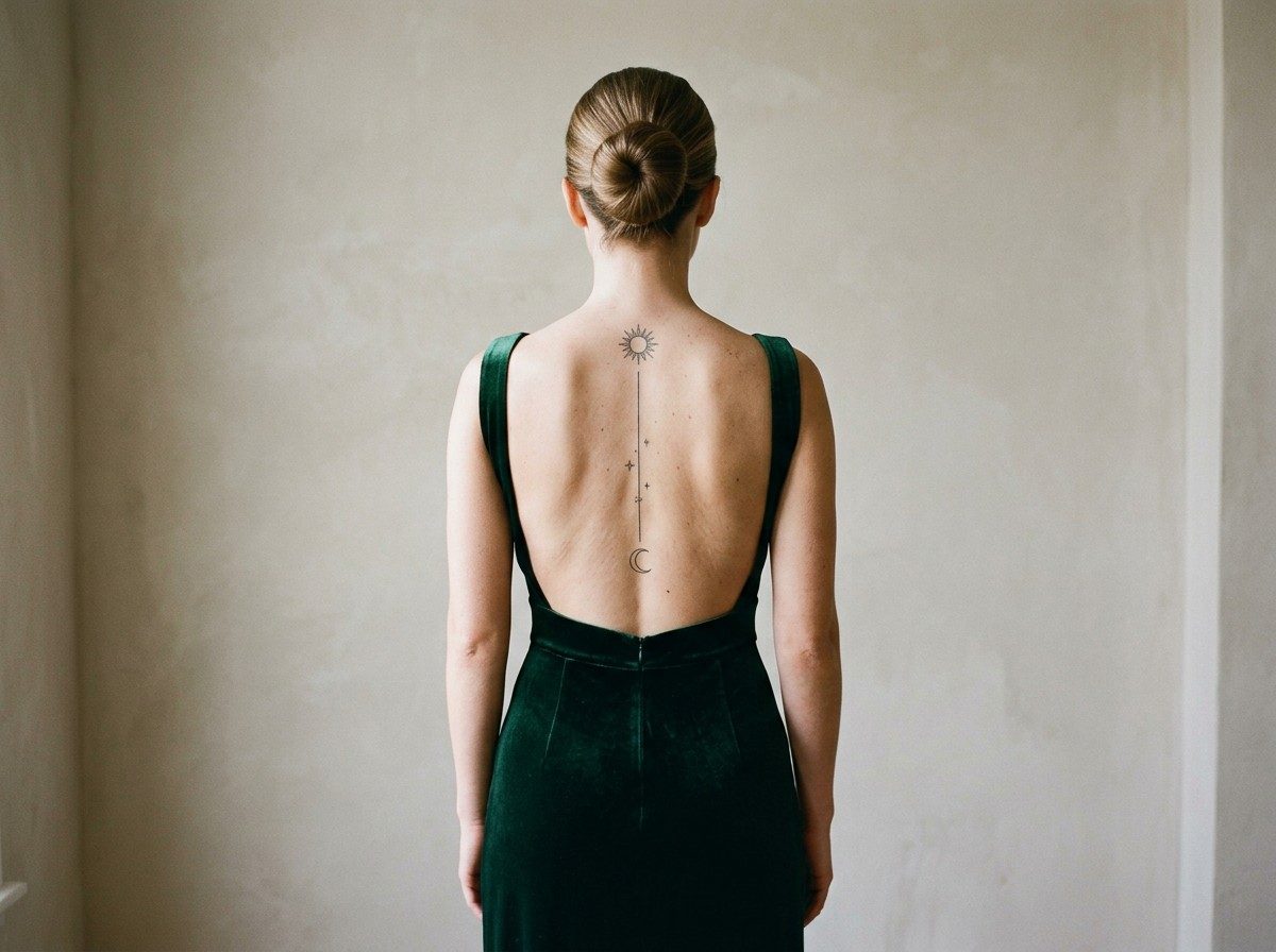 Spine tattoos for women: celestial sun, moon and stars on the spine