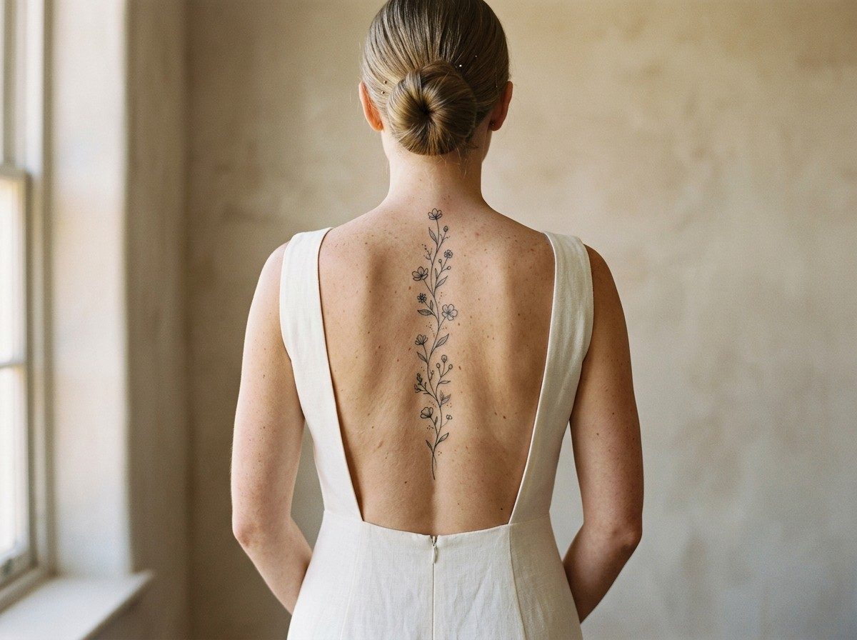 Spine tattoos for women: floral vine on the spine