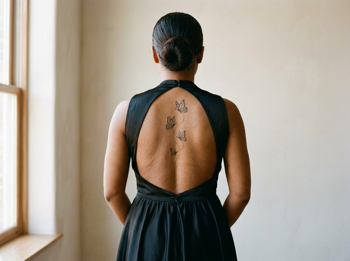 Spine tattoos for women: butterfly trail on the spine