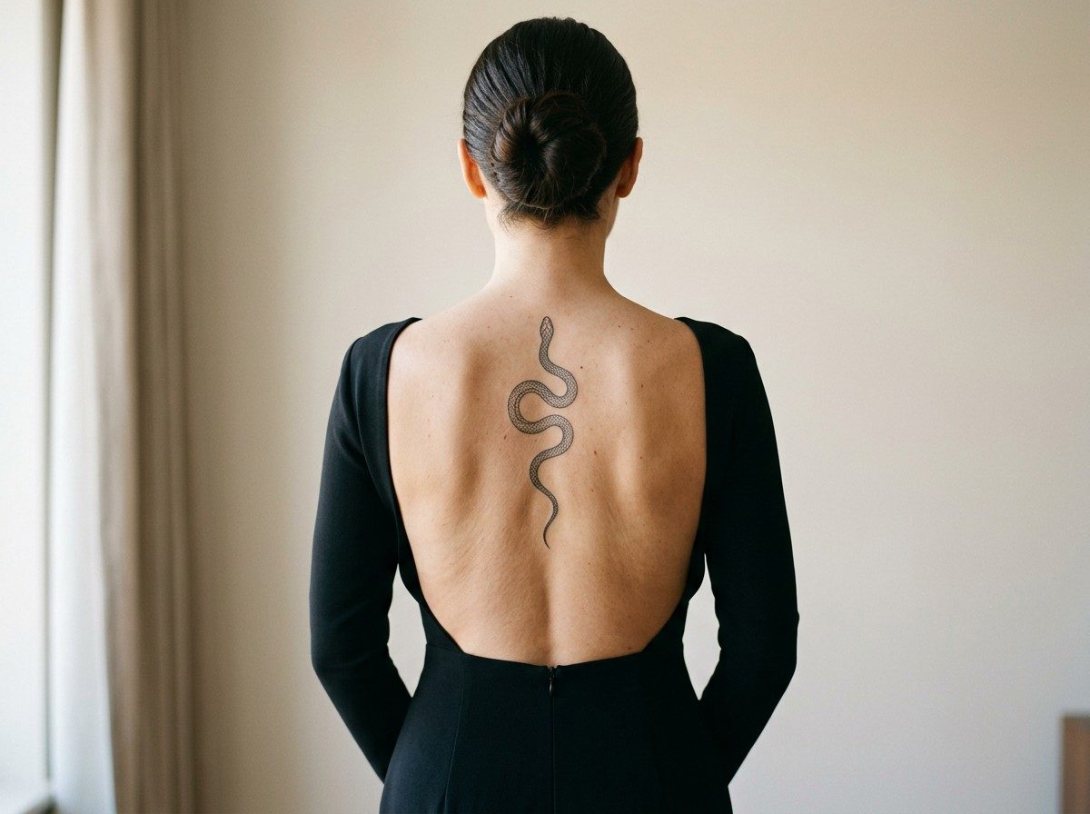 Spine tattoos for women: snake down the spine on the spine