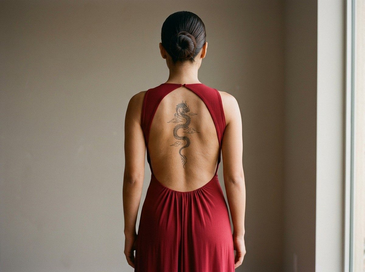 Spine tattoos for women: fine line dragon on the spine