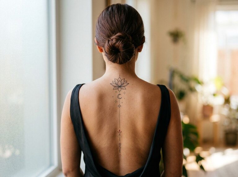 Spine tattoos for women: fine line lotus, moon and stars down the spine