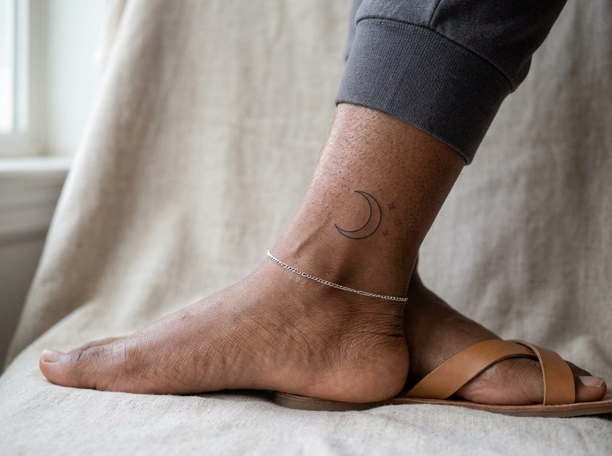 Star tattoo: moon and stars on the ankle
