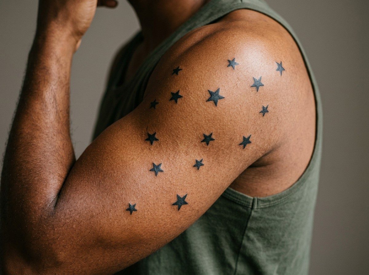 Star tattoo: star sleeve scatter on the upper arm