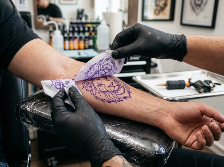 Stencil tattoos for men: artist peeling a lion head stencil transfer on a forearm