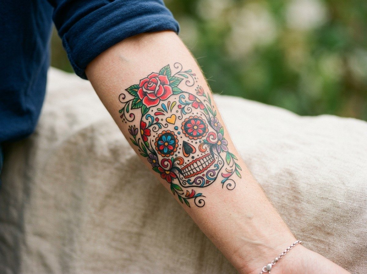 Sugar skull tattoo: classic colorful sugar skull on the outer forearm