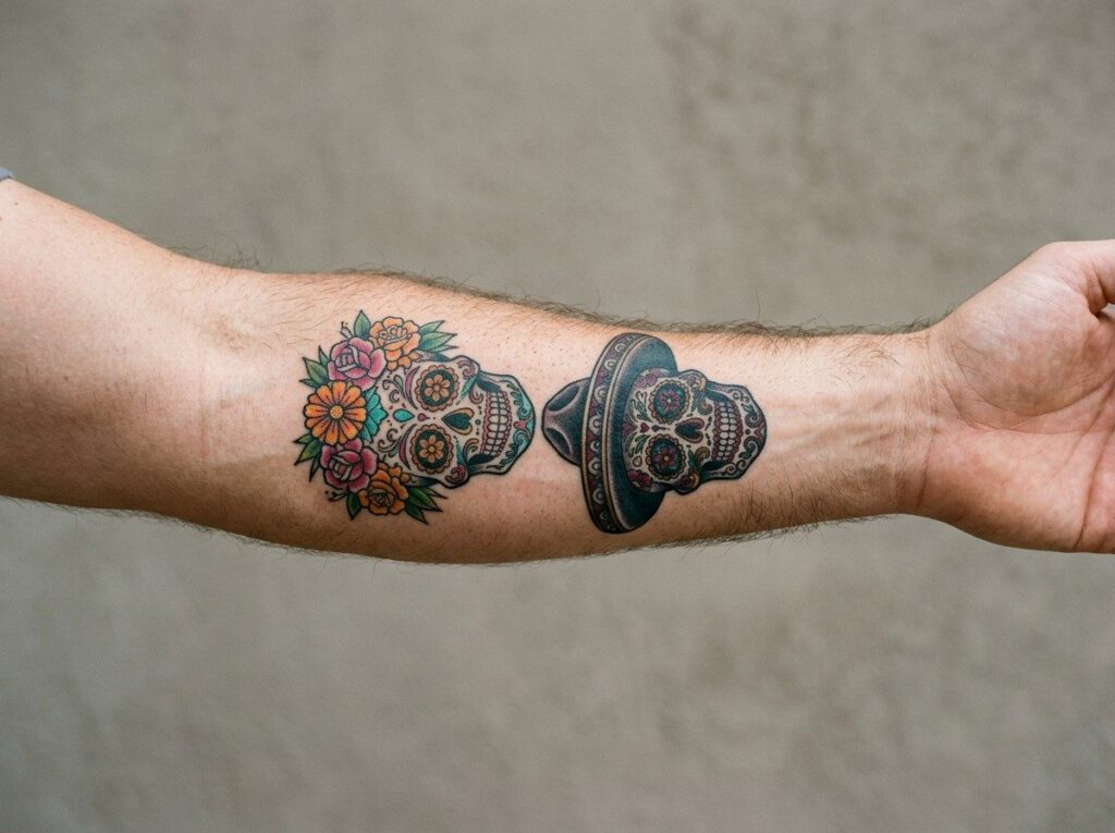 Sugar skull tattoo: couple sugar skulls on the forearm