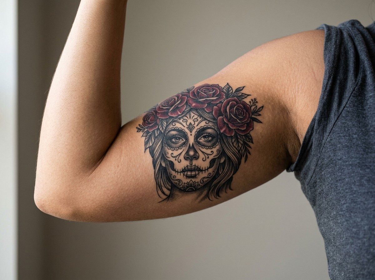 Sugar skull tattoo: la catrina portrait on the upper arm