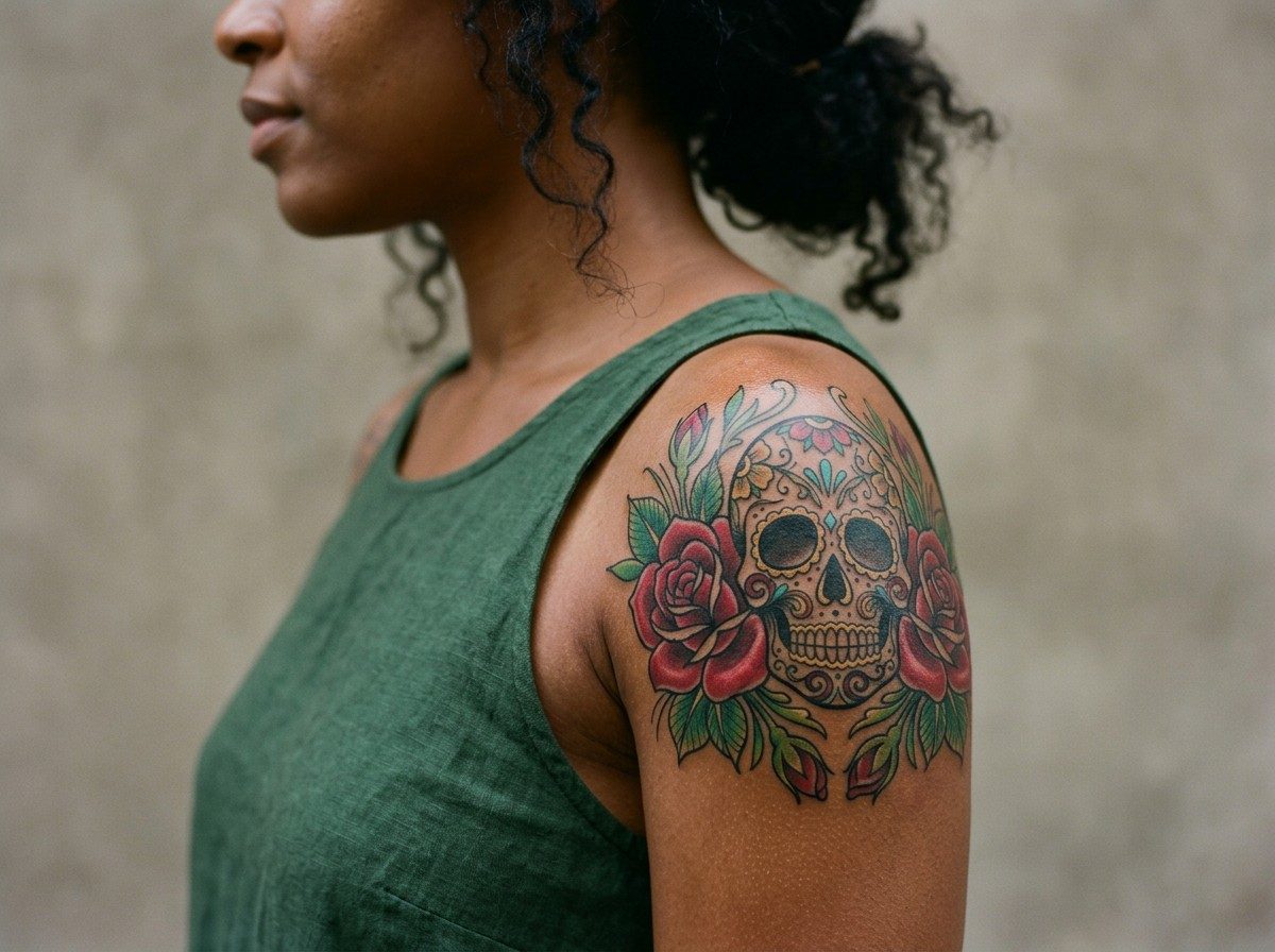 Sugar skull tattoo: sugar skull with roses on the shoulder