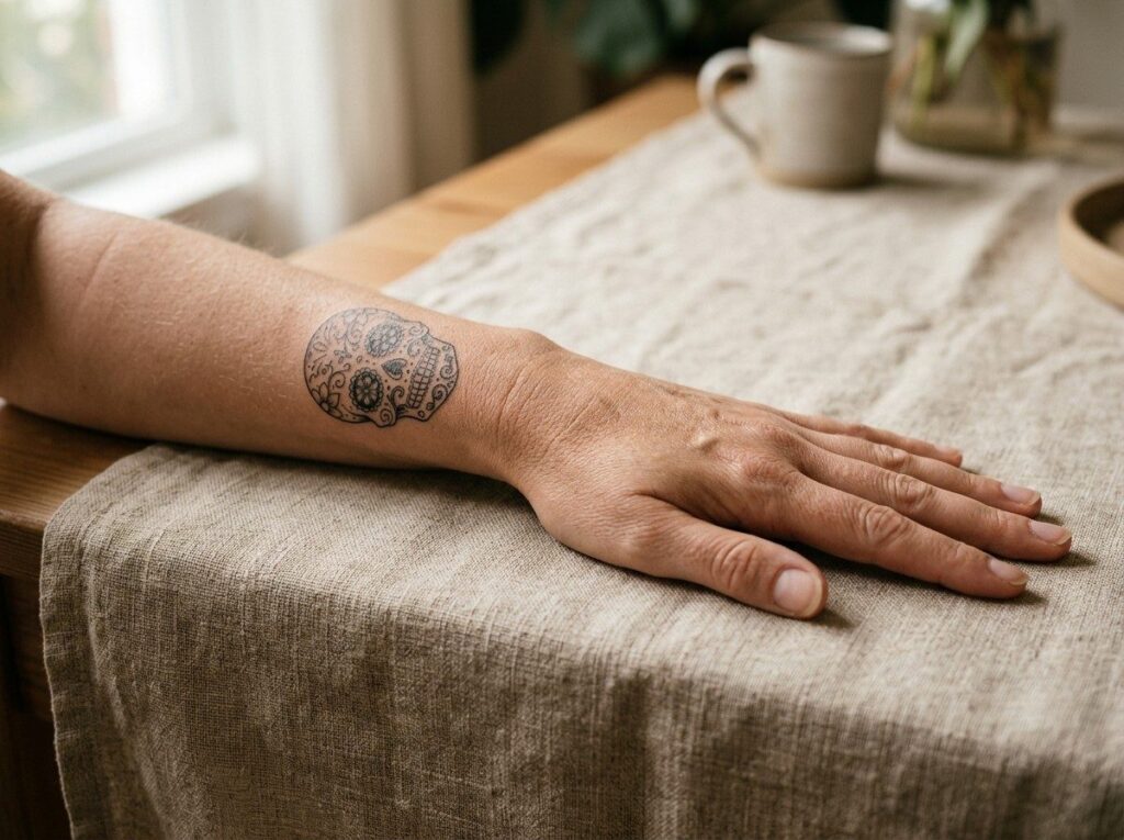 Sugar skull tattoo: fine line sugar skull on the inner wrist