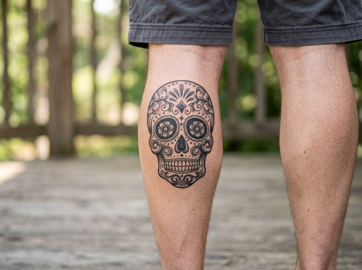 Sugar skull tattoo: black and grey sugar skull on the lower leg (human calf muscle)