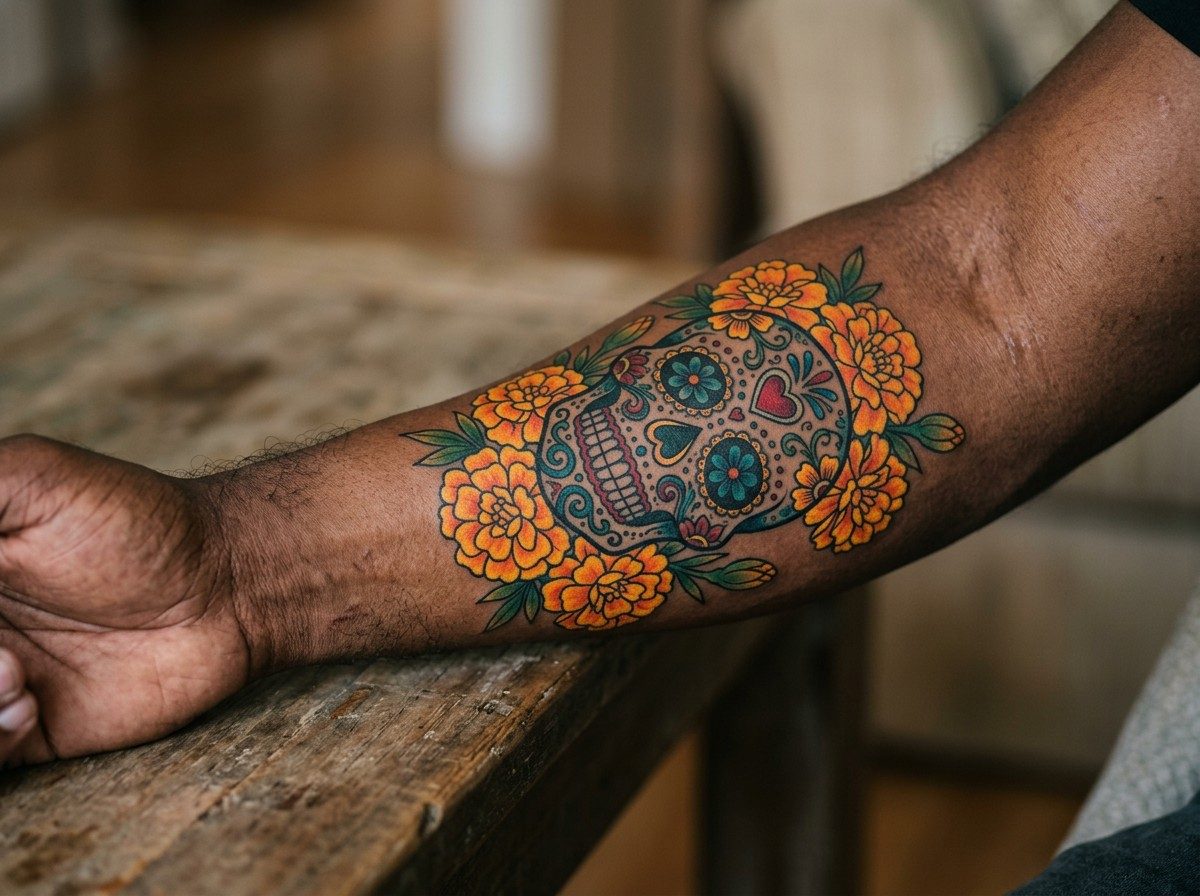Sugar skull tattoo: sugar skull with marigolds on the forearm