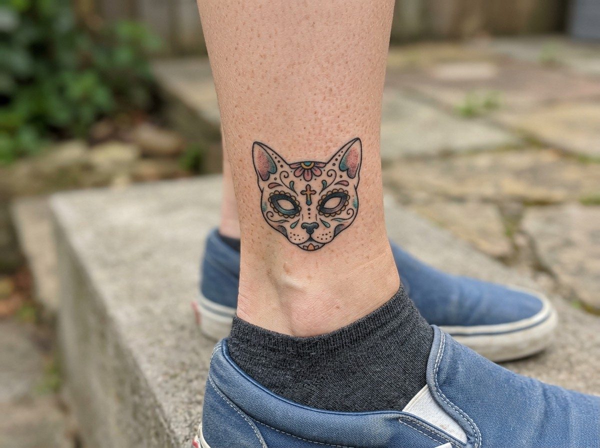 Sugar skull tattoo: sugar skull cat on the ankle
