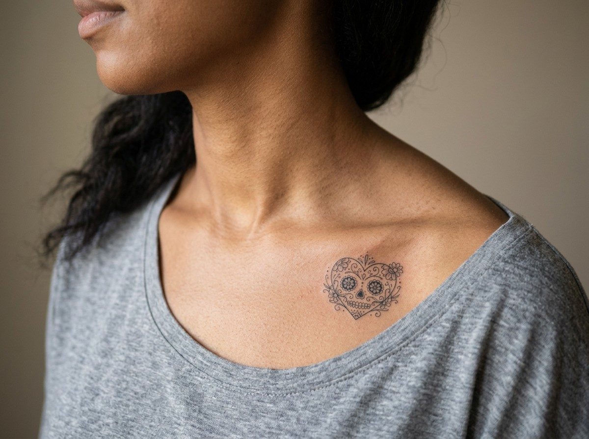 Sugar skull tattoo: sugar skull heart on the collarbone