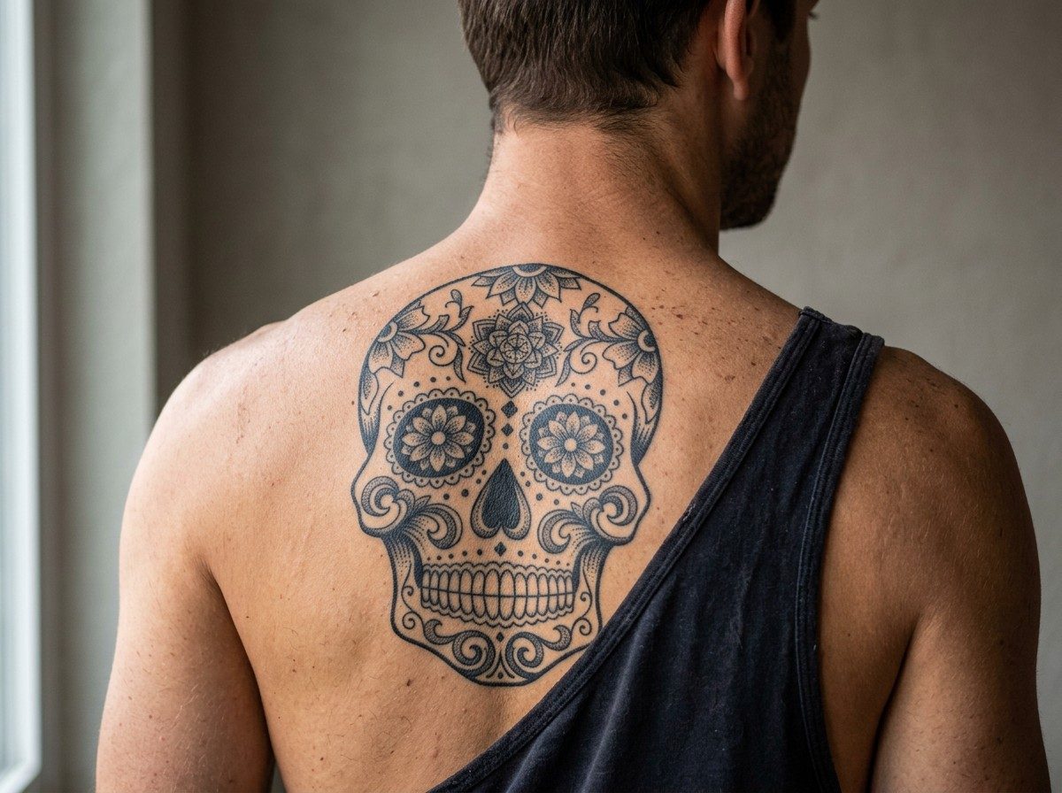 Sugar skull tattoo: mandala sugar skull on the upper back