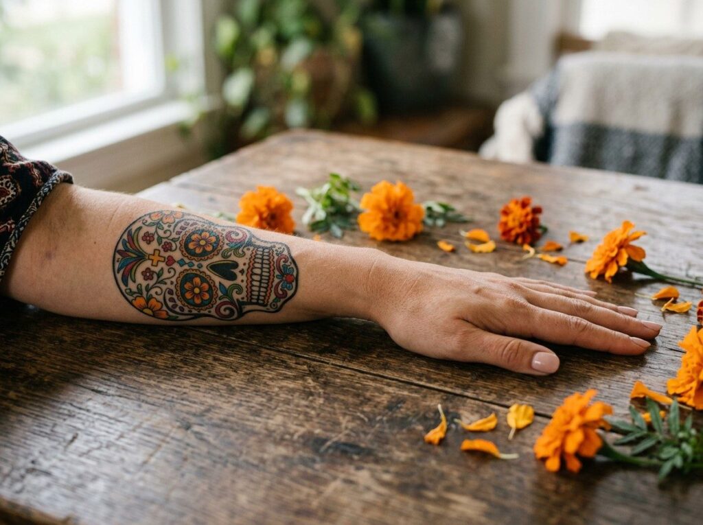 Sugar skull tattoo: colorful sugar skull with marigolds on the forearm